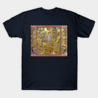 MEDIEVAL BESTIARY,PHOENIX,TREE OF LIFE ,BIRDS,DRAGONS FANTASTIC ANIMALS IN GOLD RED BLUE COLORS T-Shirt